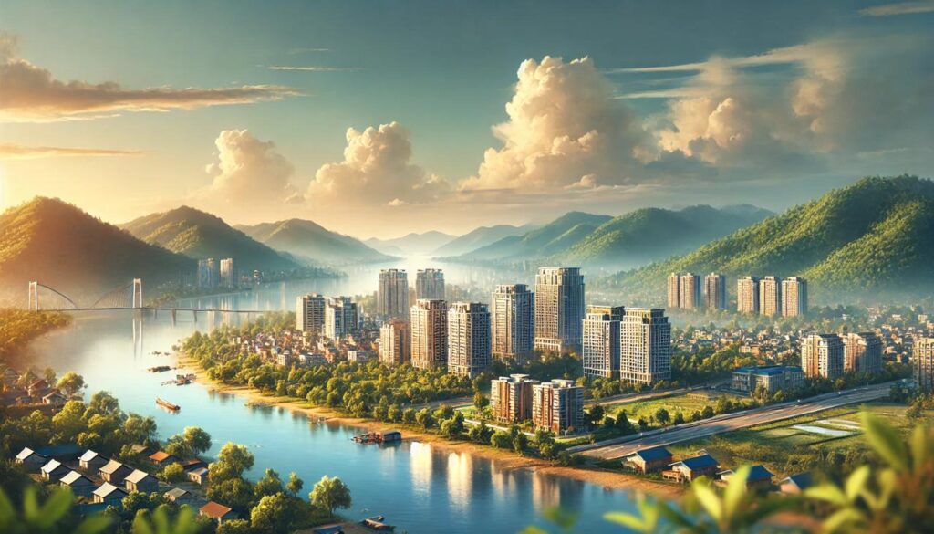 Modern skyline of Guwahati city with high-rise apartments along the Brahmaputra river, surrounded by lush green hills under a clear sky, showcasing North East India’s real estate growth and natural beauty